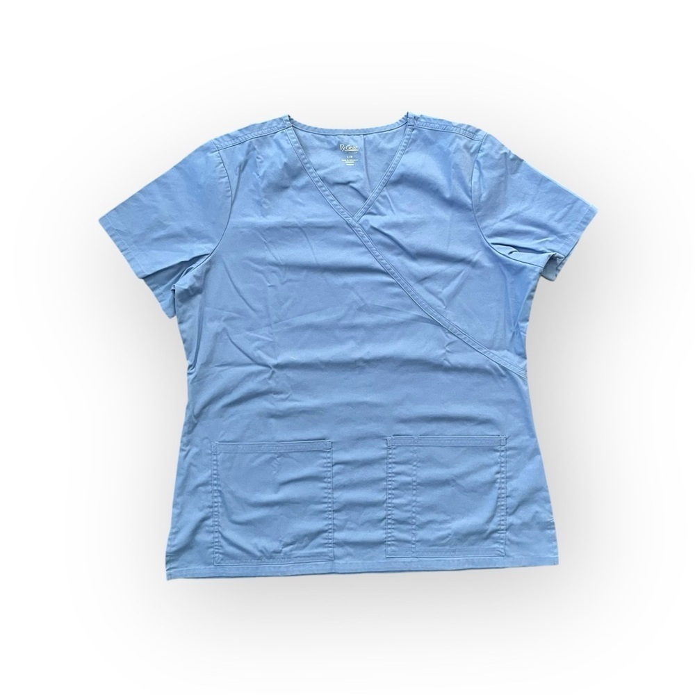 RX Gear women’s v-neck mock wrap style scrubs short sleeve top size L blue